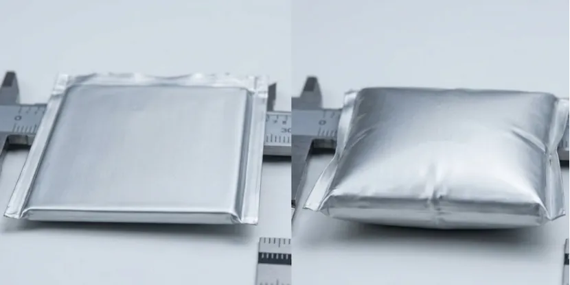 Side-by-side comparison of a healthy and a swollen lithium-ion battery pouch