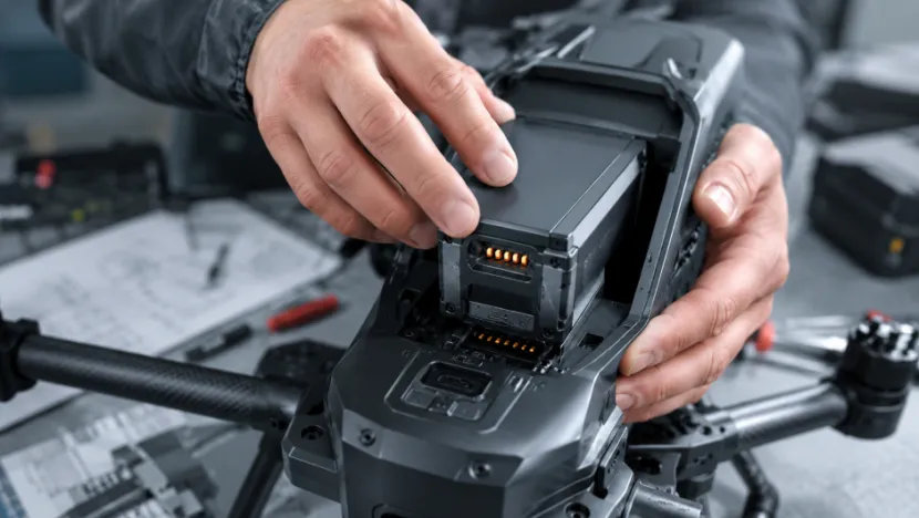 Technician installing a high-capacity battery into an industrial drone