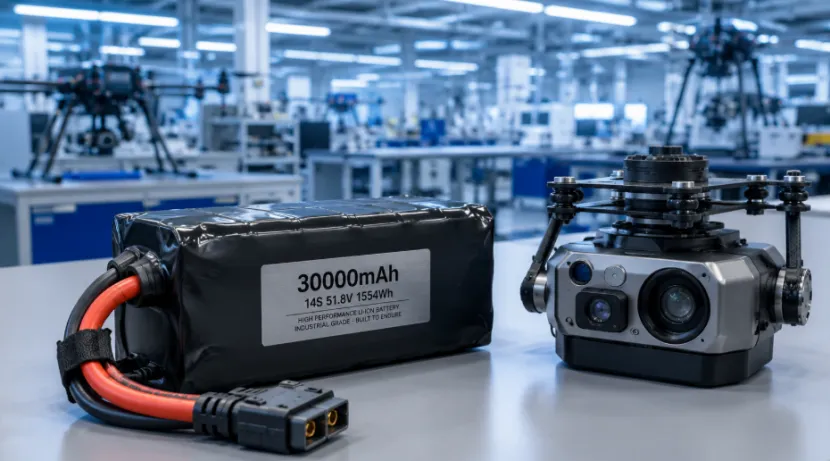 30000mAh industrial drone battery pack next to a camera payload