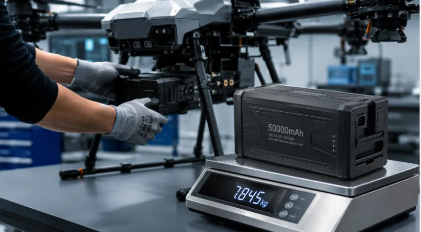 50000mAh drone battery pack weighing on a digital scale next to a UAV
