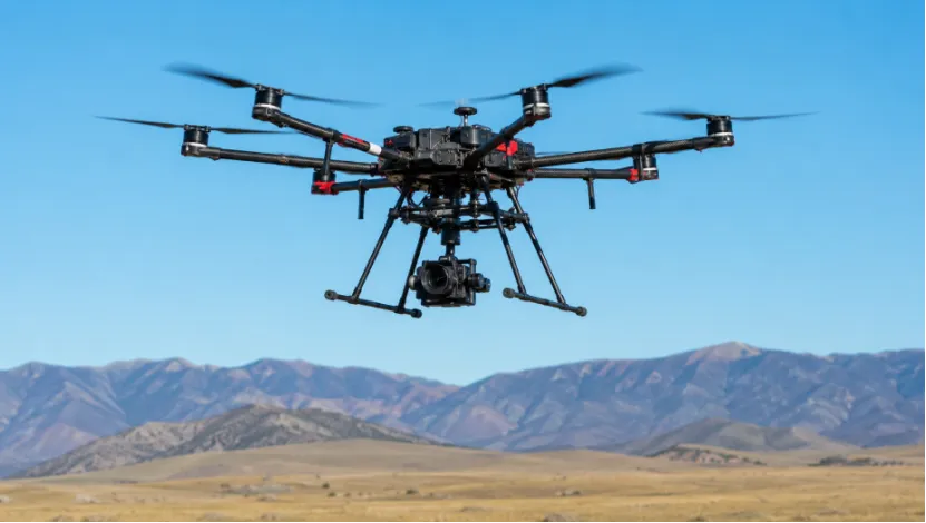 A big black drone flying in the sky over a field
