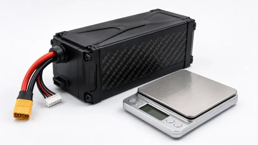 A black drone battery sitting next to a small scale