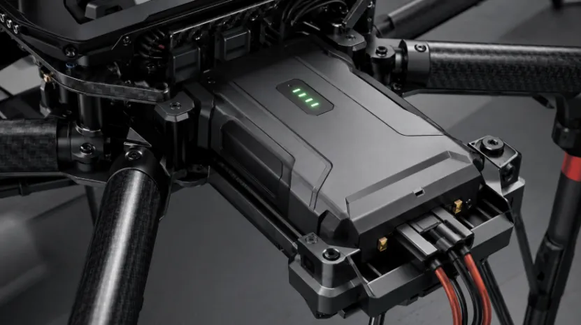 Close-up of a black industrial drone battery pack with green LED charge indicators mounted on a carbon fiber chassis