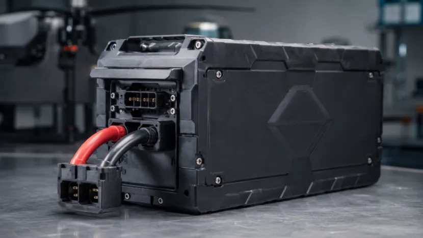 Close-up of a heavy-duty black industrial drone battery pack with thick cables