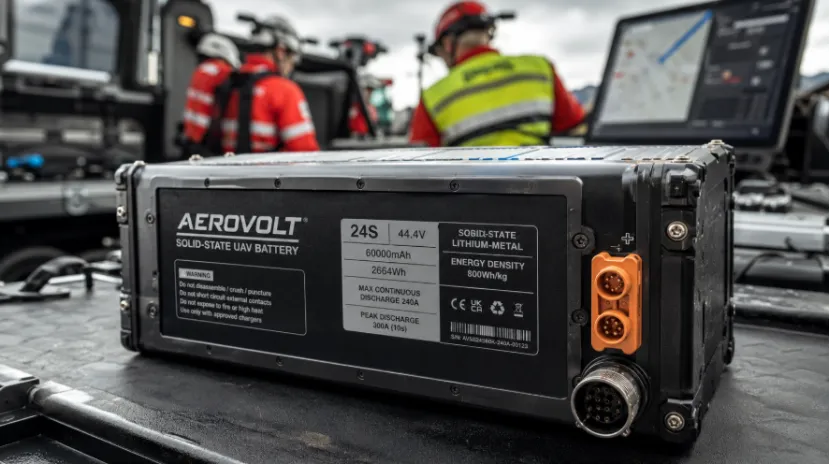 Close-up of an AeroVolt solid-state UAV battery pack on-site