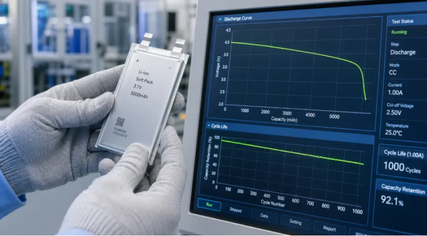 Engineer holding a lithium-ion soft pack battery cell next to a testing monitor