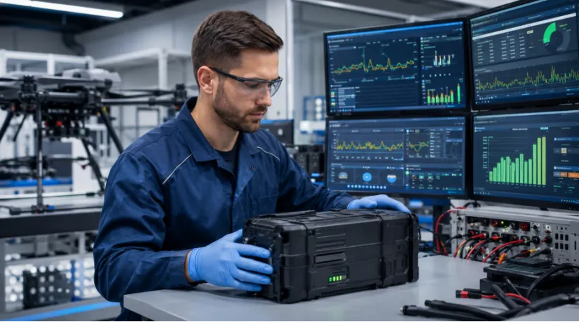 Engineer inspecting a large drone battery in a testing lab