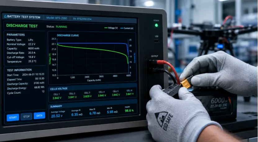 Engineer testing a drone battery to check its discharge curve on a monitor