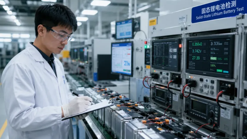 Engineer testing solid-state lithium drone batteries in a factory