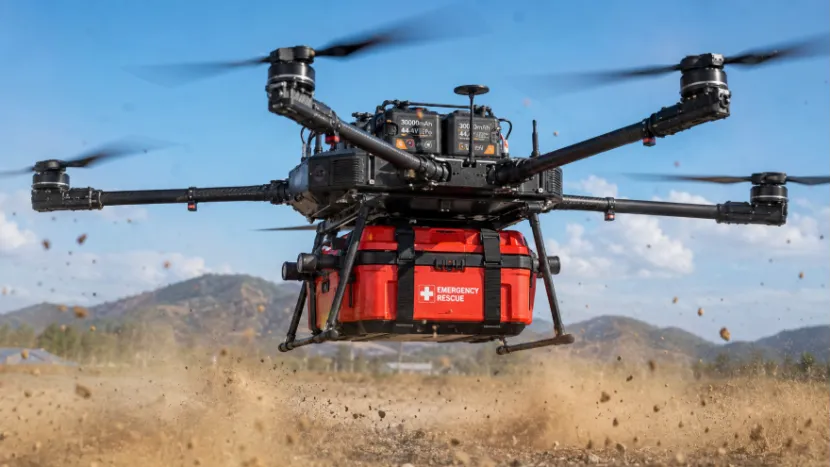 Heavy-lift drone carrying a red emergency rescue payload taking off forcefully from a dusty field