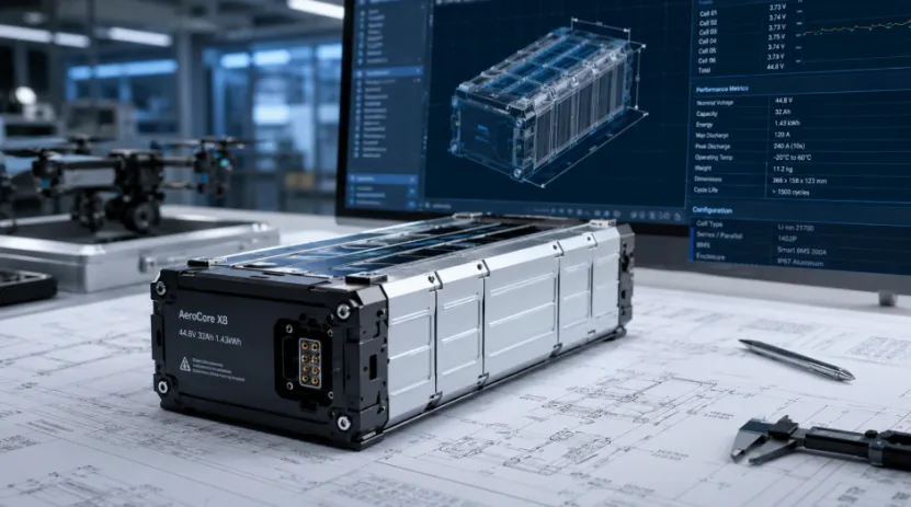 Industrial drone battery pack on engineering blueprints