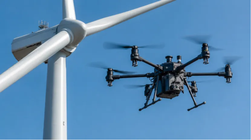Industrial hexacopter drone inspecting a wind turbine against a blue sky