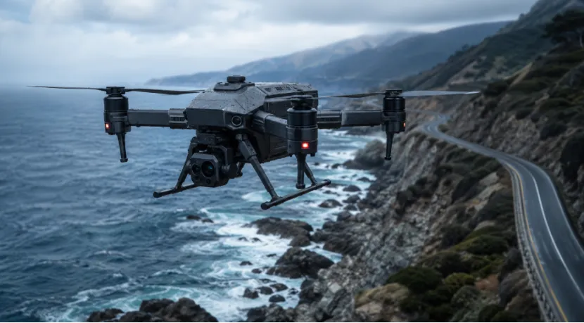 Industrial patrol drone monitoring a coastal highway