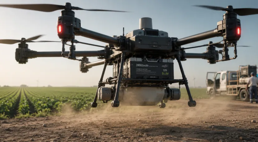 Large industrial drone ascending from dusty dirt field with massive battery