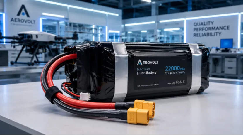 Large solid-state drone battery pack with XT90 connectors on a lab table