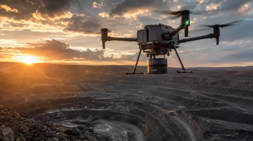 LiDAR mapping drone flying over an open-pit mine at sunset