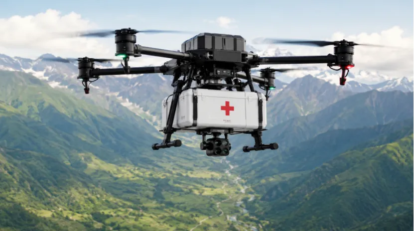 Medical delivery drone transporting supplies over mountains