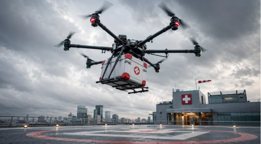 Medical delivery hexacopter drone carrying a red and white cooler box taking off from a hospital helipad under a cloudy sky