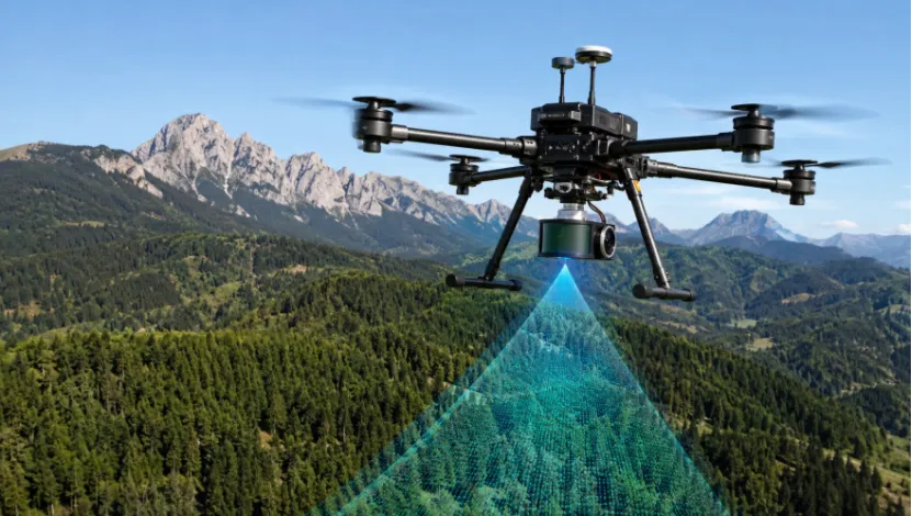Professional LiDAR drone mapping a forest and mountain landscape