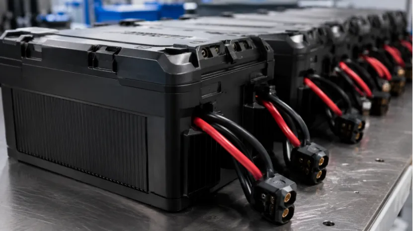 Row of identical industrial drone batteries on a metal workbench