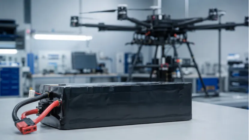 Solid-state drone battery pack with heavy-duty cables on a lab table