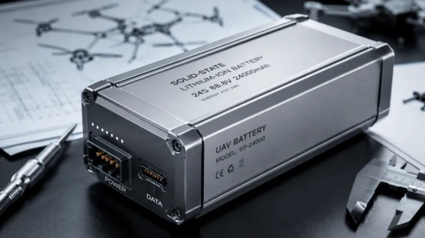 Solid-state lithium-ion UAV battery pack on an engineering workbench