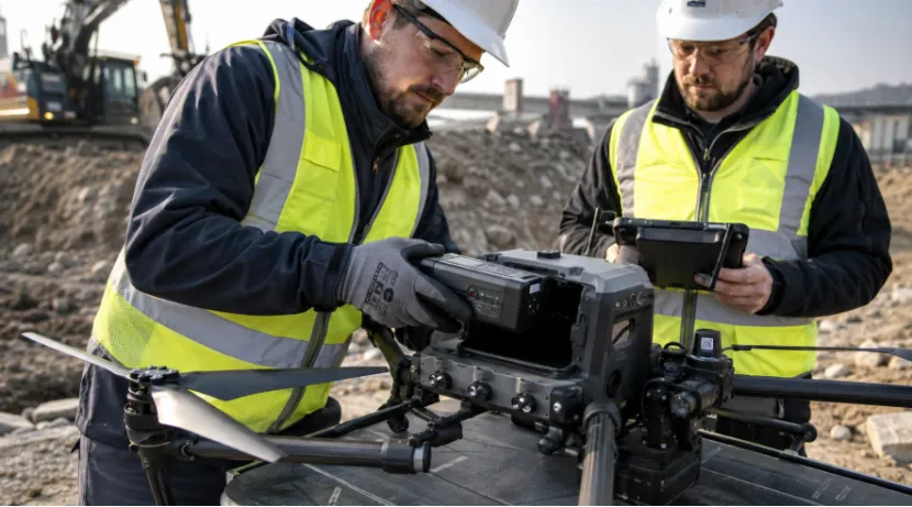 Survey crew swapping a battery on an industrial drone