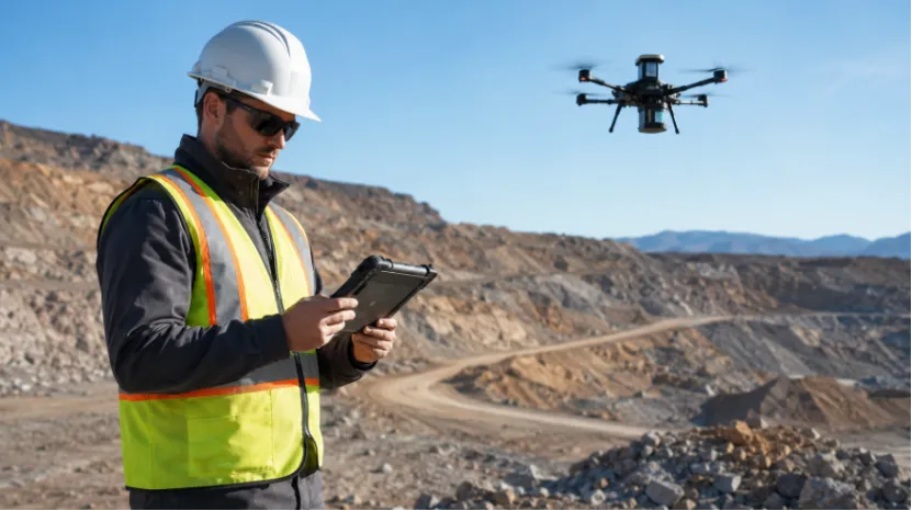 Surveyor operating a drone with a rugged tablet at a mining site