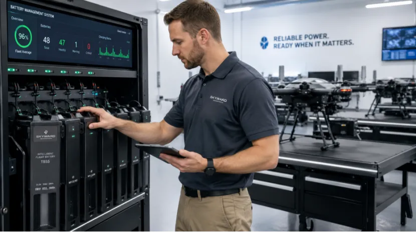 Technician interacts with intelligent battery management rack, holding tablet