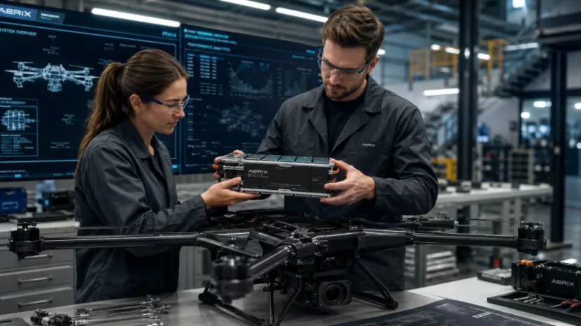 Two engineers installing a custom battery pack onto an industrial drone chassis in a high-tech lab