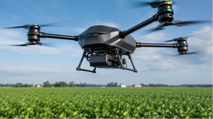 An agricultural UAV drone flying over a green crop field