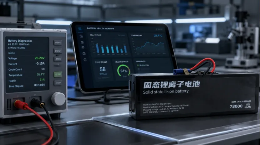 Drone battery connected to diagnostic testing equipment displaying health and cycle metrics