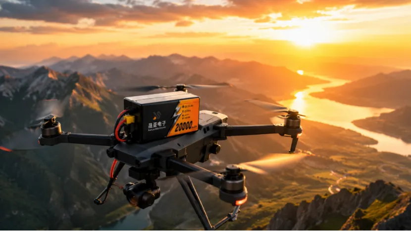 Drone equipped with a Shengya Electronic 20000mAh battery flying over mountains at sunset
