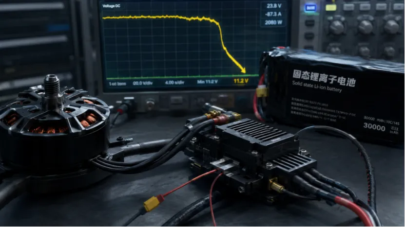 Drone motor and ESC testing showing battery voltage sag