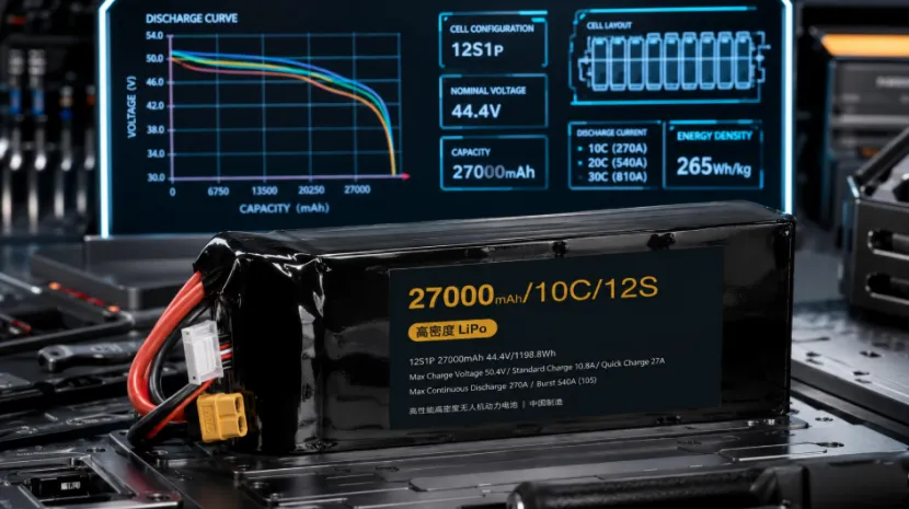 High-capacity drone battery pack with technical spec display