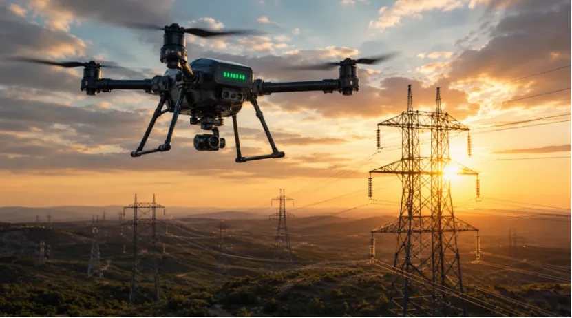 Industrial drone hovering near high-voltage power lines at sunset