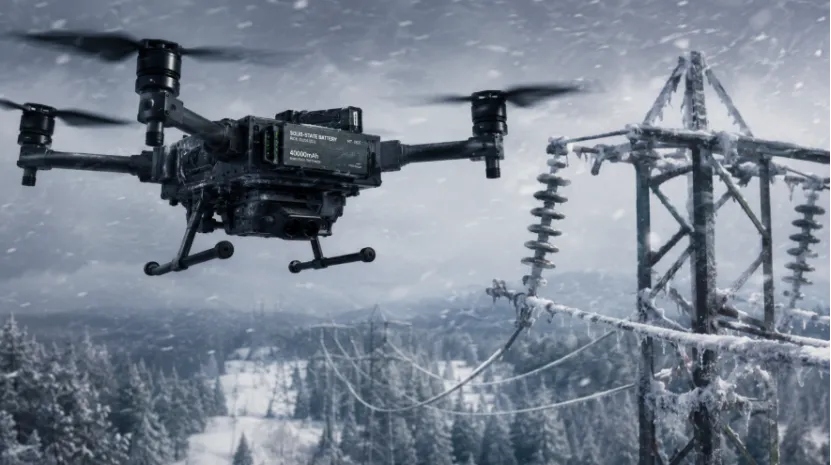 Industrial drone inspecting power lines during a winter snowstorm