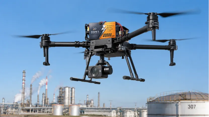 Industrial drone with a camera and Shengya Electronic 20000mAh battery flying over a factory