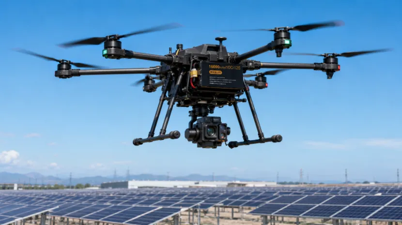 Industrial hexacopter drone flying over a solar farm