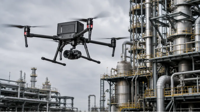 Industrial inspection drone with a camera flying over a refinery