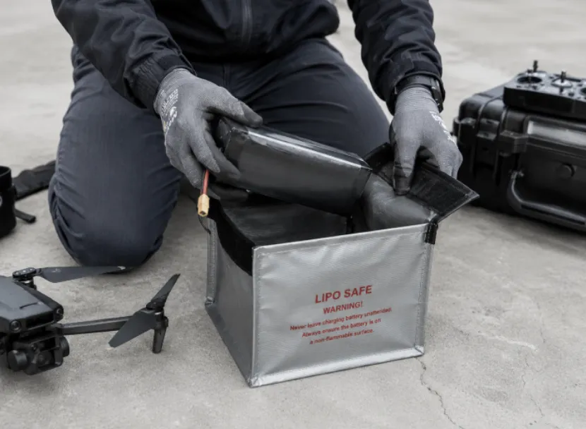 Placing a drone battery into a fireproof LiPo bag