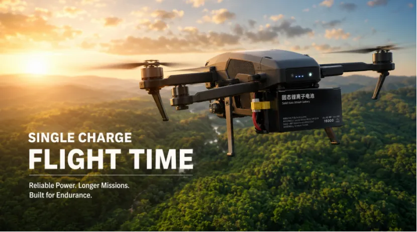 Quadcopter drone flying over a green forest at sunset