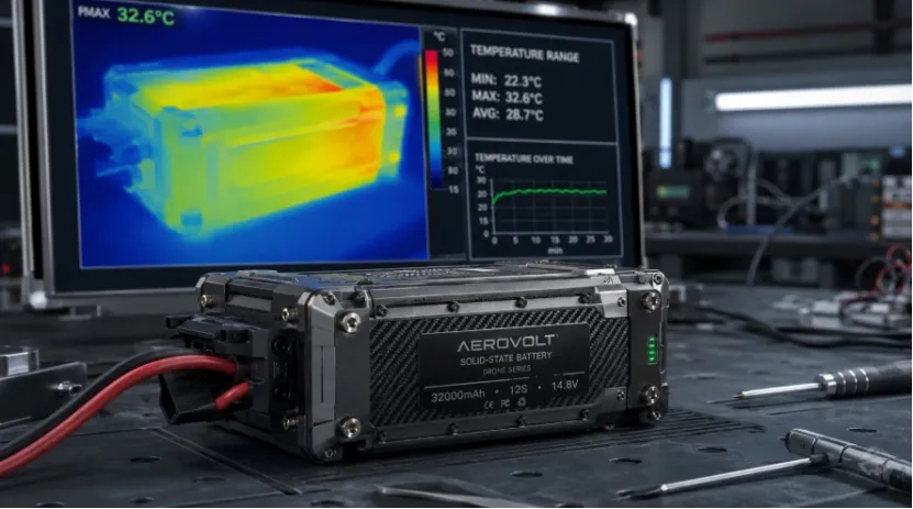 Solid-state drone battery on a testing workbench with a thermal imaging screen