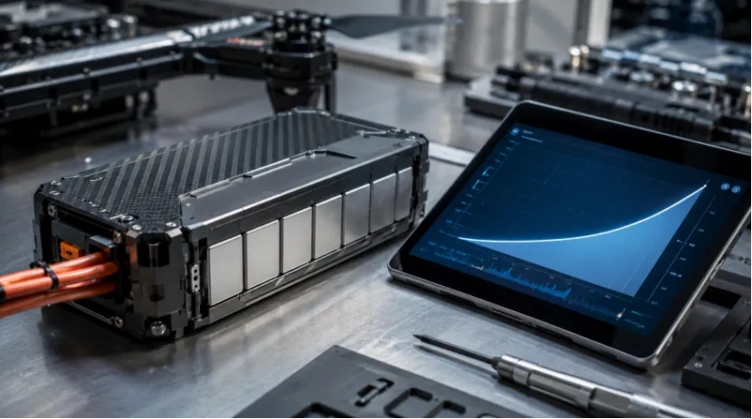 Solid-state drone battery pack and energy chart on an industrial workbench