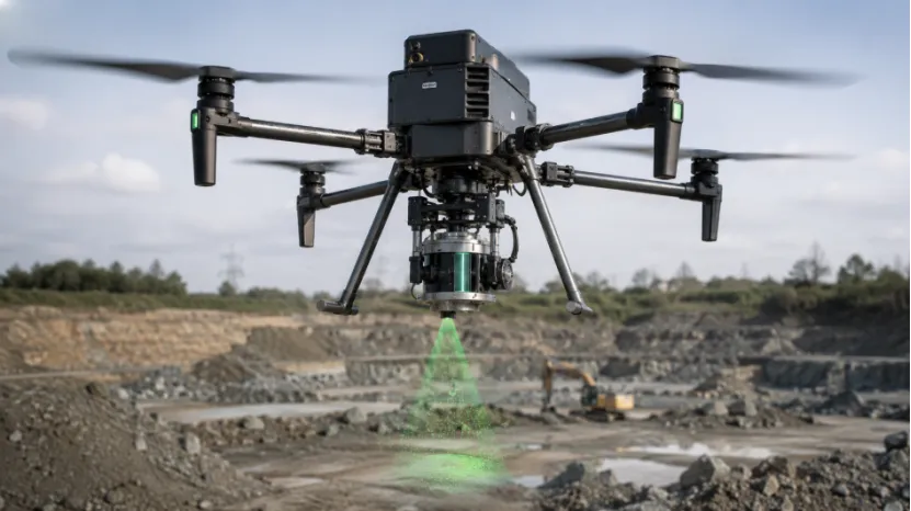 Surveying drone with LiDAR scanning a quarry