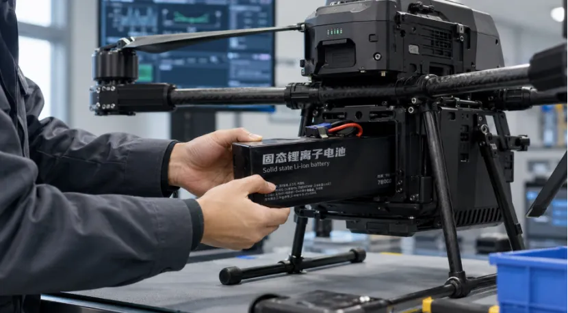 Technician inserting a large solid-state battery into an industrial drone