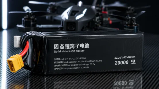 22.2V 20000mAh solid state li-ion drone battery with FPV drone background