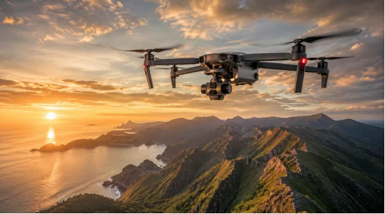 Camera drone flying over coastal mountains at sunrise