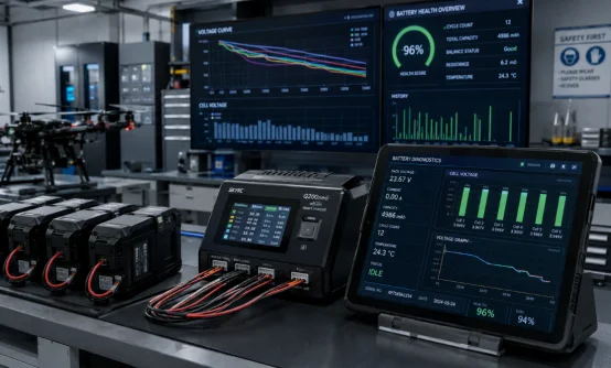 Drone battery charging and health diagnostics station