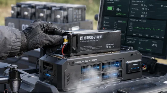 Drone battery charging in an active air cooling station